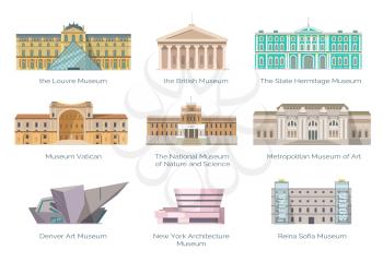 Worldwide famous museums of nature and science, art and history collection. Gorgeous ancient and modern buildings vector illustrations.
