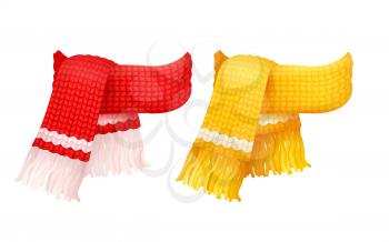 Pair of yellow and red knitted scarves with white woolen threads vector icons. Winter thick chunky yarn handmade kerchief, warm neckerchiefs accessories