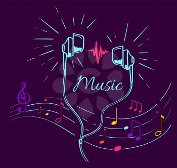 Music poster with treble clef, notes set and headphones performing loud sounds vector doodles in flat style. Headset hand drawn musical earphones with melody