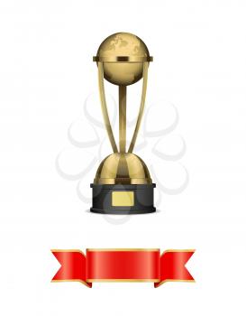 Globe gold award with blank tape for signature. Realistic vector planet on gilded stand with nameplate trophy and awarding silk ribbon below isolated.