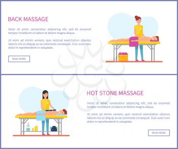 Hot stone and back medical massage session cartoon vector web pages set. Woman masseur in uniform massaging patient lying on table covered by towel