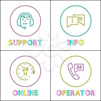 Color minimalistic icon set in linear style. Round-the-clock operator support, client informing and information supplying symbol in frame for hotline.
