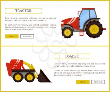 Loader bulldozer and tractor posters set vector. Excavator used in farming and agriculture, rural machinery and devices for transporting products