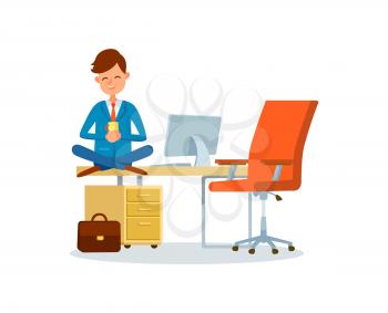 Man working in office place, break of boss at work vector. Man having rest in room of chief executive. Businessman sitting on table drinking warm tea