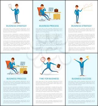 Business strategy, working process of businessman vector. Web pages with text sample, Presentation of details, data analysis , statistics on board