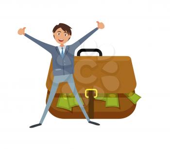 Manager stands near briefcase with green dollar banknotes , showing thumb up gestures, cartoon style character. Cheerful worker get bag full of money