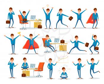 Man characters of businessman working in office vector. Superhero director, boss with briefcase and worker running to work. Eureka new idea of manager