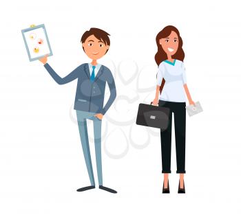 Business plan of man and woman, workers teamwork vector. Chief executive with businesswoman planning company steps. Partner of boss, lady companion