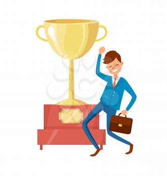 Man in suit showing yes gesture, big golden trophy cup on background. Excited worker achieved success, best award for achievements in business vector