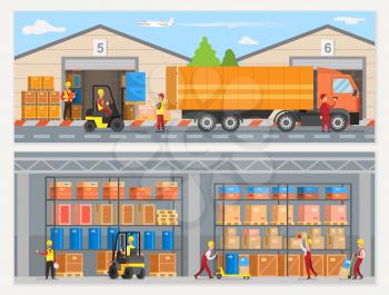 Warehouse workers with boxes and trucks loaders vector. People working at factory, logistics and transportation, goods shipment and delivery service