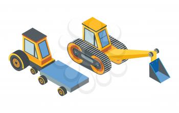 Excavator and transport with cargo place conveyor belt isolated icons vector. Machinery used in constructions and development. Machine with shovel