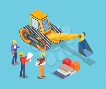 Excavator and builders, construction machinery vector. Digger with shovel, workers with plan and containers. Boxes and concrete blocks building items