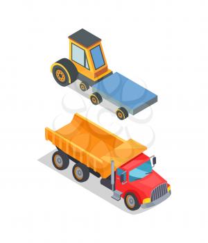 Construction and building machinery icons set vector. Transporting of goods, vehicle with trailer, empty container. Automated industrial equipments