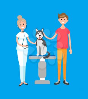 Veterinarian doctor, patient with dog, pet clinic hospital vector. Breed animal pet on examination, nurse with stethoscope. People with mammal canis