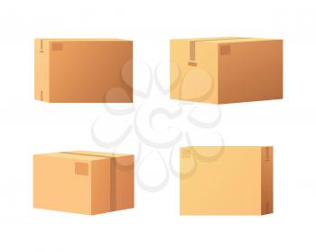 Closed parcel icons from side, back and front view vector isolated. Rectangular packages box mockups, 3D isometric signs. Shipping storage for goods shopping