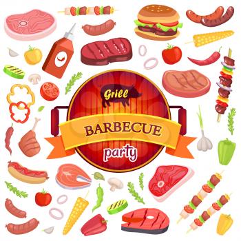 Grill barbecue party and isolated icons vector. Dripping pan for frying meal. Vegetables and meat, chili ketchup in plastic bottle and brochette satay