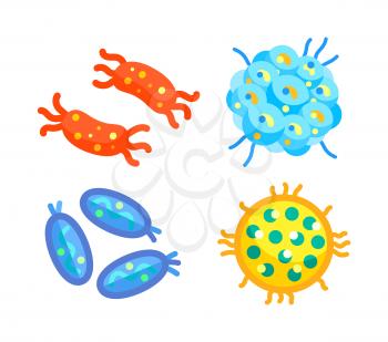 Streptococci and staphylococcus, spirillae and star-shaped flat bacteria types isolated. Little dangerous germ variety cartoon vector illustrations