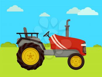 Tractor machine on farm field. Automobile for mechanization of agricultural tasks. Vehicle with wheels, pipe and rudder, driving agrimotor vector