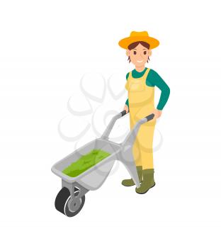 Farmer agricultural works isolated vector. Woman pulling trolley loaded with compost for soil ground fertilizing. Farming female in uniform and hat