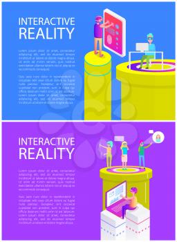 Virtual reality cyberspace set vector posters set with text sample. People using new technologies, vr glasses, innovative devices. Laptops and screens