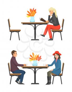 Cafe table and customers drinking tea and coffee set isolated vector. Male and female talking and tasting beverages. Woman reading menu making order