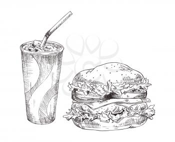 Soft drink and burger fast food vector poster, isolated on white background illustration of cold soda with straw and ice, fresh hamburger with meat