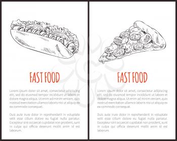 Fastfood restaurant poster with american common lunch option. Vector drawn hotdog with sausage and mayo, pizza slice with tomatoes, meat and cheese.