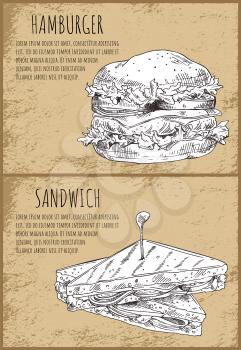 Hamburger and sandwich fast food posters set with headlines and monochrome sketches outline. Take away meal with cheese and meat vector Illustration