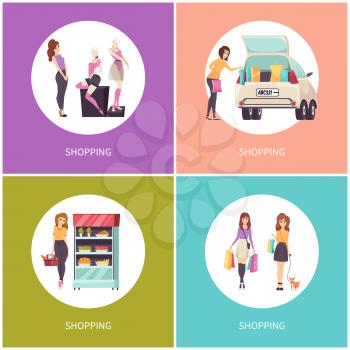 Shopping of women, buying clothes and food from refrigerator in supermarket set vector. Mannequin with clothes, car filled with packages, dog walking