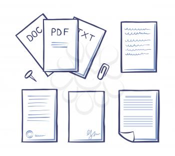 Office paper and documents, doc and pdf, txt and signature on bottom of pages vector. Paperclip and pin, publications and binder for documentation