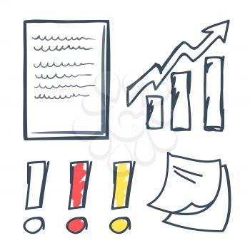 Office paper and increasing arrow icons set vector. Exclamation marks and memo notes, documentation with information and data, process improvement
