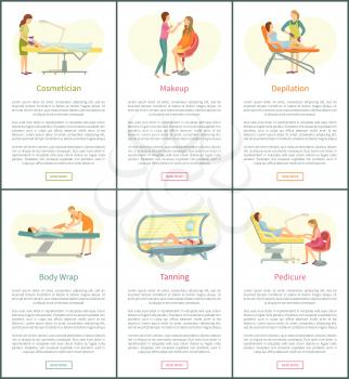 Cosmetician and makeup visagiste posters set with text sample vector. Wax depilation hair removal on legs, tanning in solarium and pedicure on nails