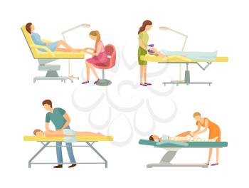 Spa salon pedicure and massage procedure isolated icons set vector. Body wrap and facial changes by cosmetician, treatment of skin and back by masseur