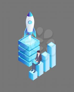 Launching rocket with fire and smoke, man using laptop for work. Businessman and spaceship isolated isometric icons 3d. Spacecraft and worker vector