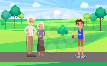 Student teen age and grandparents walking in park with trees bushes. Male with coffee riding hoverboard and gyroscooter. Young and old people vector