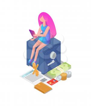 Female girl with tablet icons vector. Finance strongbox deposit for saving money and documents with wallet. Social networks and online banking service