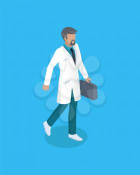 Doctor with briefcase icon closeup. Physician wearing white coat fist aid doc. Bearded man professional medical worker carrying bag isolated on vector
