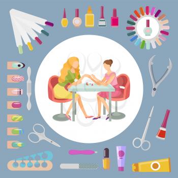 Manicure manicurist and tools nails polishing process. Set of isolated icons, file and scissors, lotions and separator toenails, essential oils vector
