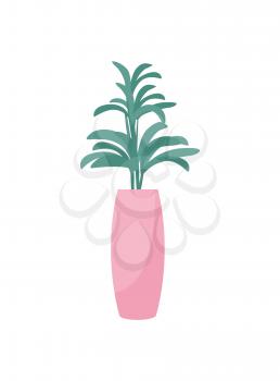 House plant single in flower pot cartoon icon vector isolated emblem. Green bush in tall cylinder pale pink flowerpot, piece of interior simple design