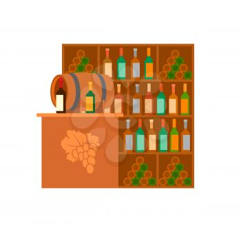 Winery alcoholic drinks selling store stand vector. Glass bottles with emblems, wooden barrel with fermented beverage inside. Grapes and wine products