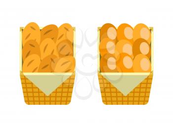 Fresh buns in wooden basket vector bakery shop loaves of bread isolated on white. French moulding breads in package vector icons, flat style design