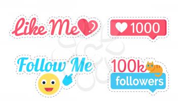 Follow and like me followers number set isolated stickers vector. Kitten and smiley emoji and heart with numbers. Cat and thumb pointing on text above
