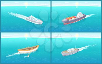 Water transport wooden rowing boat set vector. Cruise liner for people safety while traveling by sea. Vehicles and vessels for voyagers and passengers