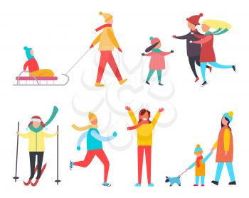 Winter activity and active lifestyle set vector. Skiing and skating, kid sitting on sledge, family with child. Mother and son walking dog canine pet