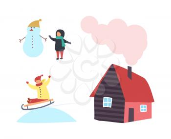 Snowman and child, cottage house with chimney, boy sledding in snow vector isolated icons. Cartoon winter characters, children in warm cloth outdoors