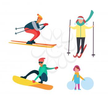 Winter active people wintertime hobbies isolated set vector. Kid girl with big snowballs, snowboarder on wooden board. Male and female going in sports