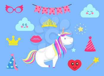 Princess party celebration isolated icons vector. Glasses and clouds, lips and crown, heart with face and cap for celebration. Magic wand with star