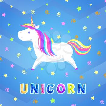 Unicorn with rainbow mane and sharp horn running in cartoon sky with swirls and stars. Mysterious horse from fairy tales or legends. Childish animal vector