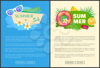 Summer summertime sale online web banner vector. Seasonal promotion lifebuoy and orange slice. Vacation proposition, pineapple fruit and sunglasses