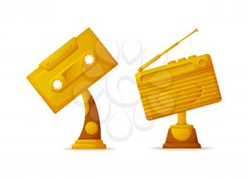 Melody tape and radio vector, gold awards for winners. Reward of best station and song, musical contest, music challenge and prize for achievements